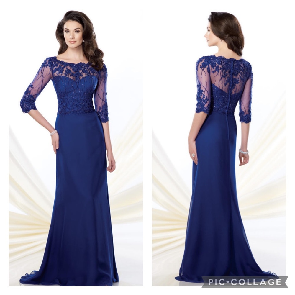Montage by MonCheri 3/4 sleeves A-Line illusion Neckline gown
